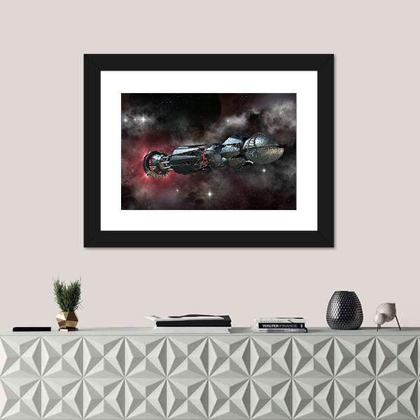Spaceship In Interstellar Travel On A Galactic Starfield For Alien Canvas Wall Art-1 Piece-Framed Print-20" x 16"-Tiaracle