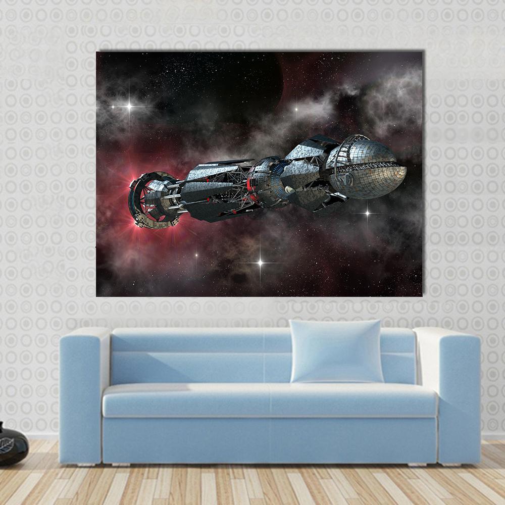 Spaceship in Interstellar Travel Canvas Wall Art in black, gray and red, single panel hung on a wall