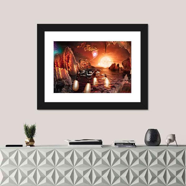 Spaceship Landing On Alien Planet Canvas Wall Art-1 Piece-Framed Print-20" x 16"-Tiaracle