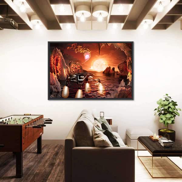 Spaceship Landing On Alien Planet Canvas Wall Art-3 Horizontal-Gallery Wrap-25" x 16"-Tiaracle