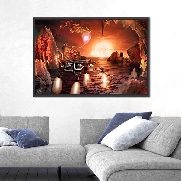 Spaceship Landing On Alien Planet Canvas Wall Art-3 Horizontal-Gallery Wrap-25" x 16"-Tiaracle