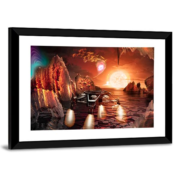 Spaceship Landing On Alien Planet Canvas Wall Art-3 Horizontal-Gallery Wrap-25" x 16"-Tiaracle