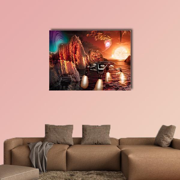 Spaceship Landing On Alien Planet Canvas Wall Art-1 Piece-Gallery Wrap-48" x 32"-Tiaracle