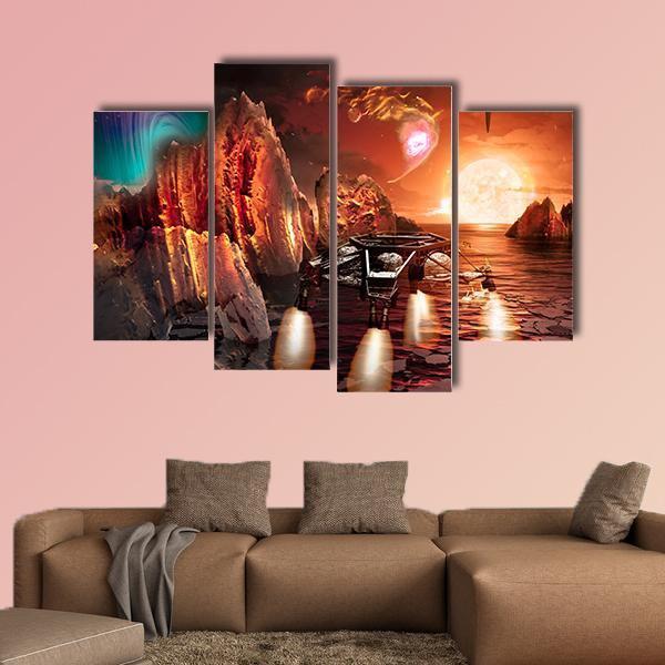 Spaceship Landing On Alien Planet Canvas Wall Art-4 Pop-Gallery Wrap-50" x 32"-Tiaracle