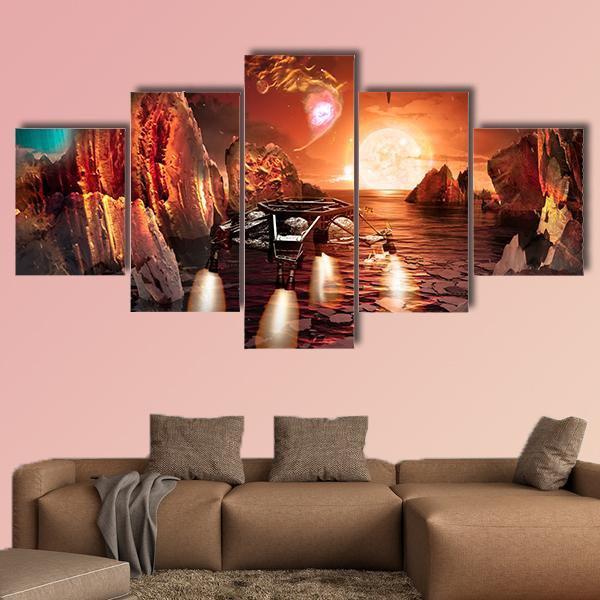 Spaceship Landing On Alien Planet Canvas Wall Art-5 Star-Gallery Wrap-62" x 32"-Tiaracle