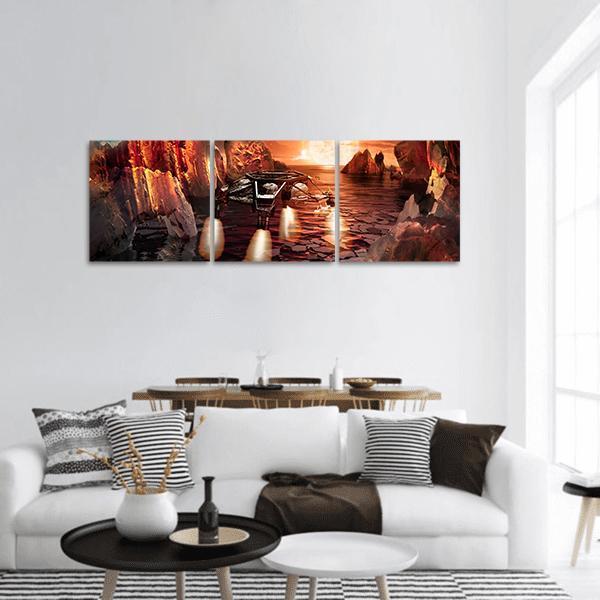 Spaceship Landing On Alien Planet Panoramic Canvas Wall Art-3 Piece-25" x 08"-Tiaracle