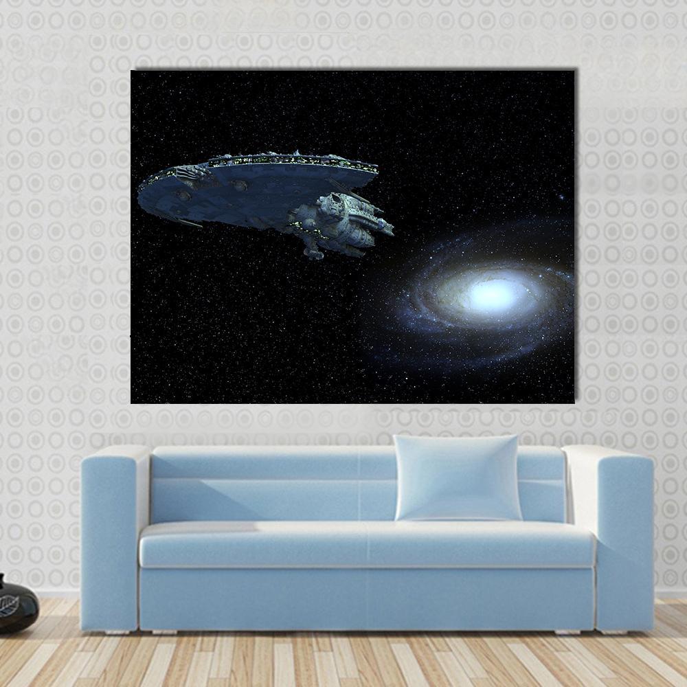 Spaceship Moving Away from Galaxy Canvas Wall Art in black and blue, single panel hung on a wall