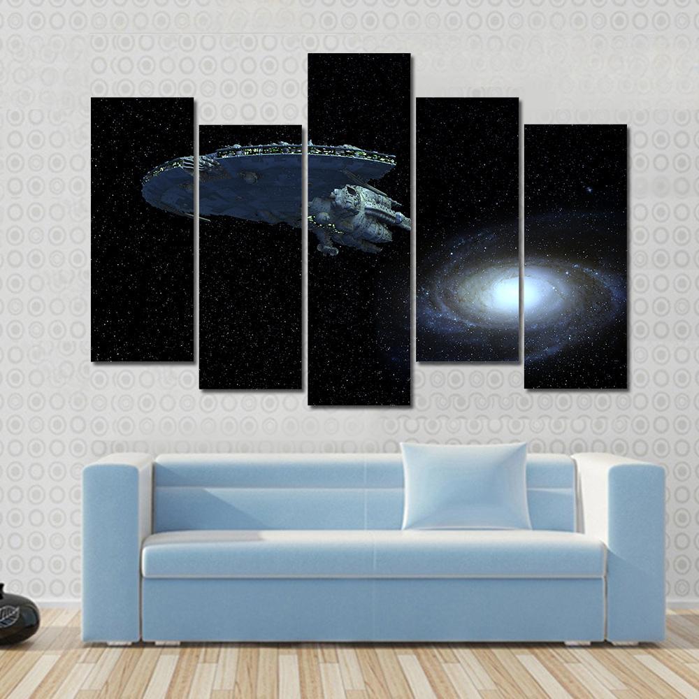 Spaceship Moving Away From Galaxy Canvas Wall Art-5 Pop-Gallery Wrap-47" x 32"-Tiaracle