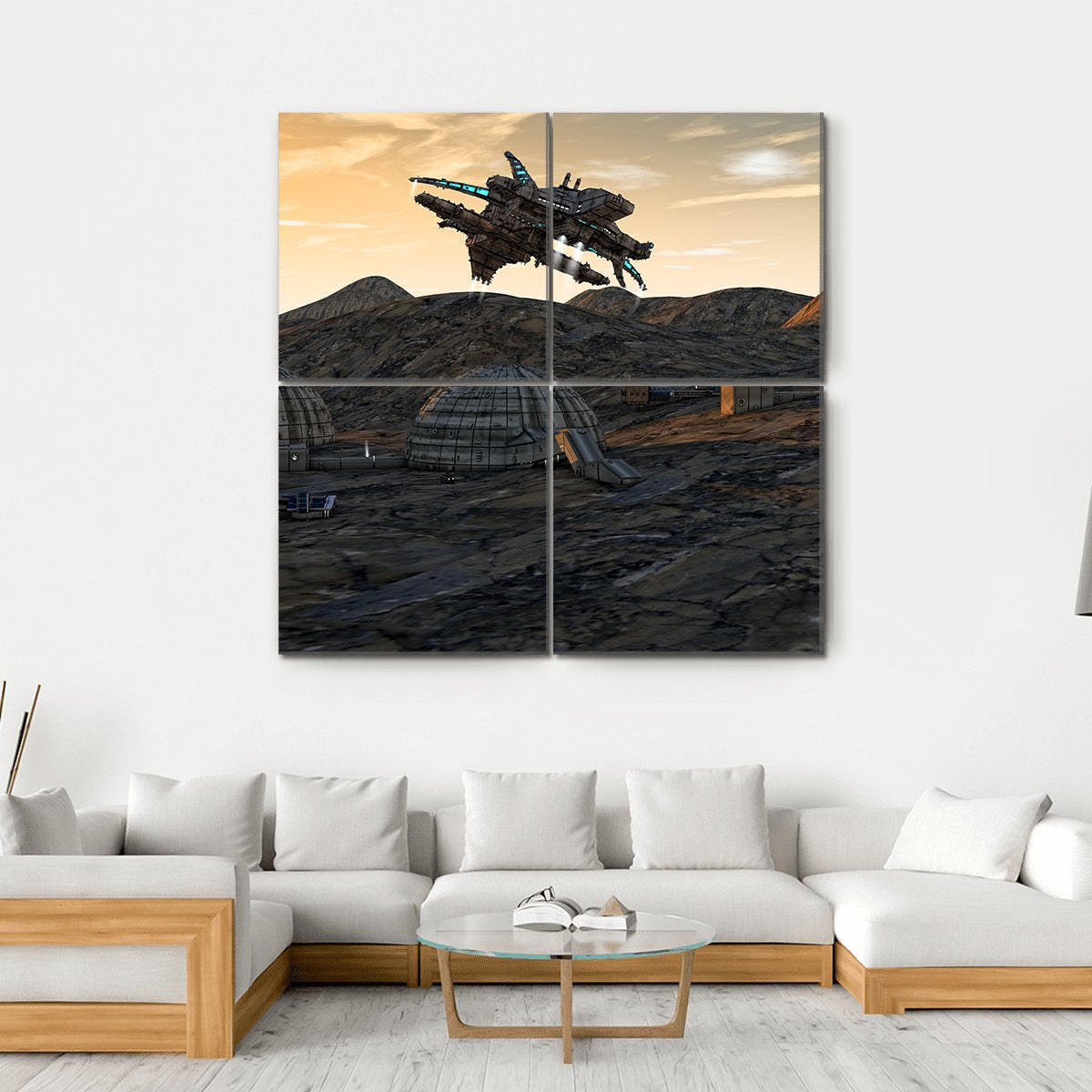 Spaceship On Planet Canvas Wall Art-4 Square-Gallery Wrap-17" x 17"-Tiaracle