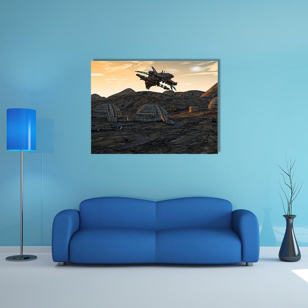 Spaceship Over Alien Village at Dawn Canvas Wall Art in brown, orange and yellow, single panel hung on a wall