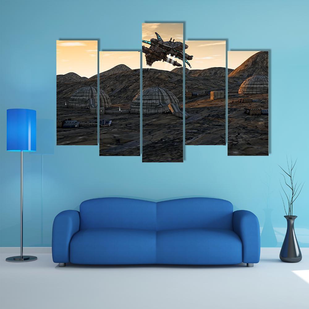 Spaceship On Planet Canvas Wall Art-5 Pop-Gallery Wrap-47" x 32"-Tiaracle