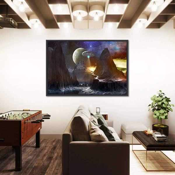 Spaceship Over Mountain Path Canvas Wall Art-3 Horizontal-Gallery Wrap-25" x 16"-Tiaracle
