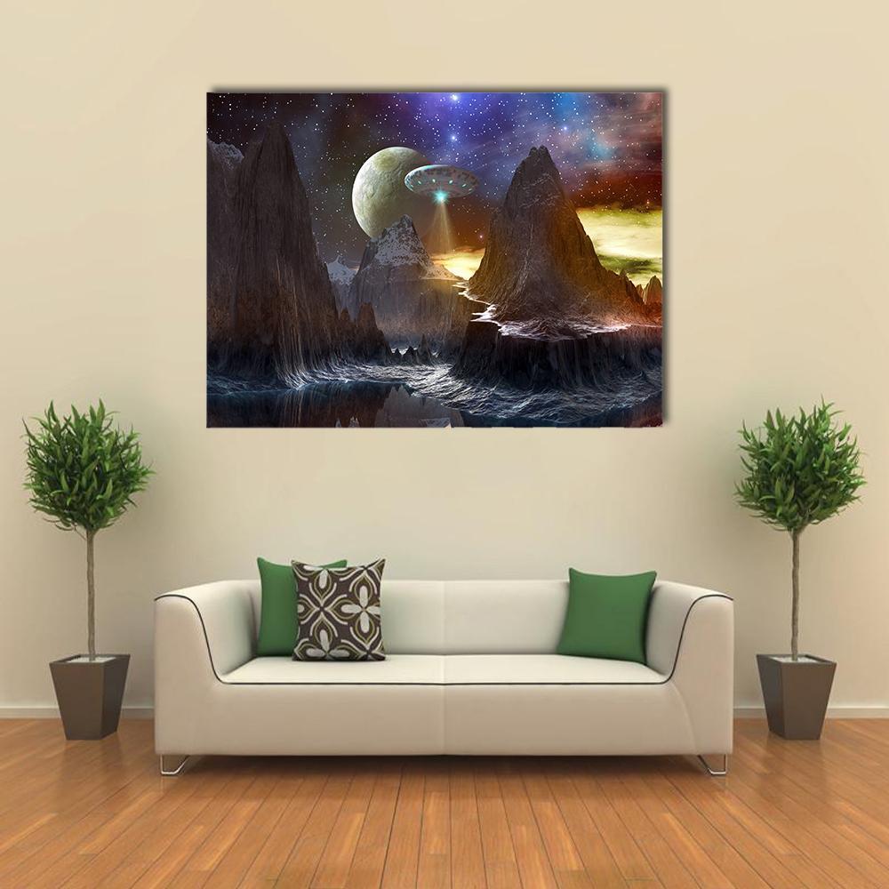 Flying Saucer Over Mountain Path Canvas Wall Art in black, brown and blue, single panel hung on a wall