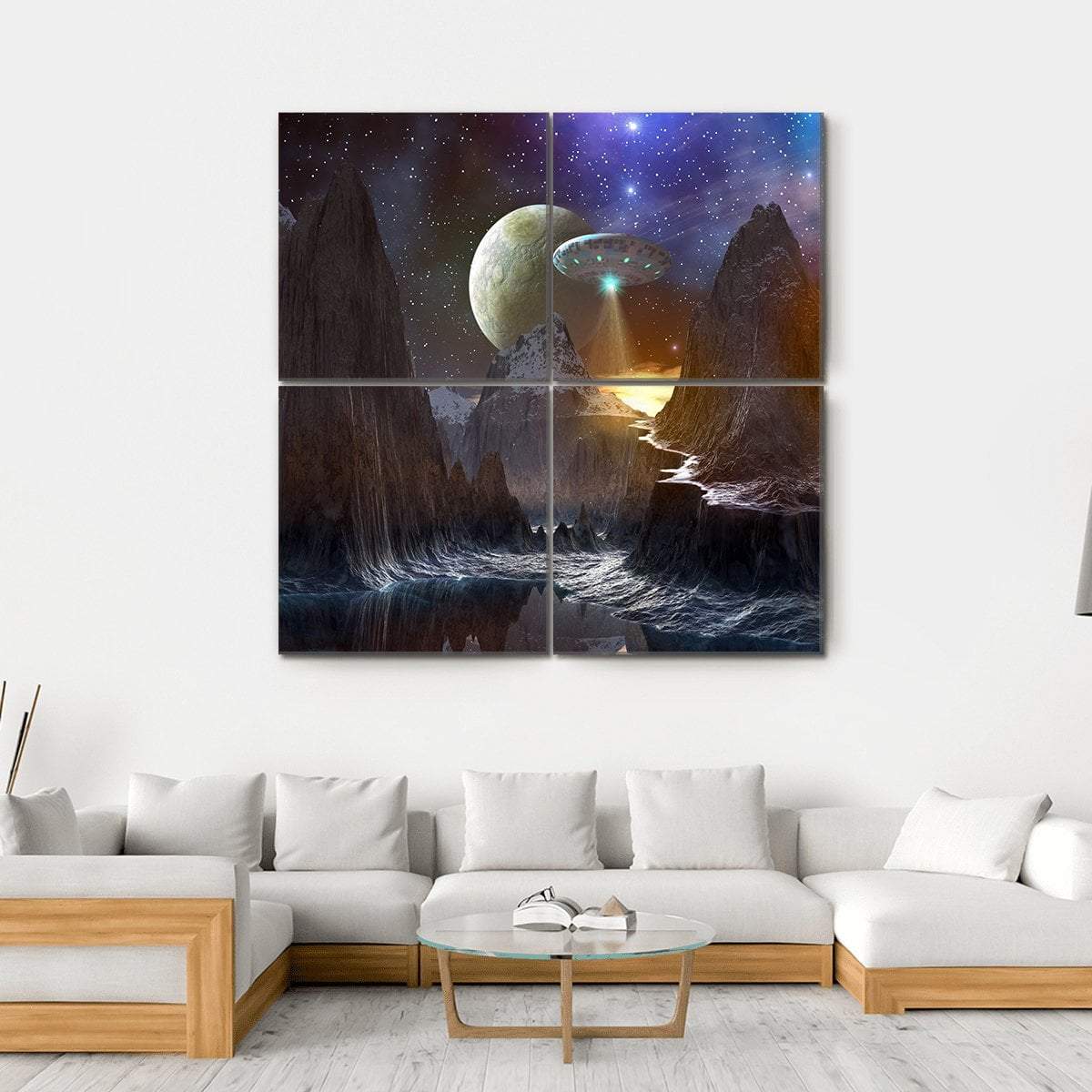 Spaceship Over Mountain Path Canvas Wall Art-4 Square-Gallery Wrap-17" x 17"-Tiaracle