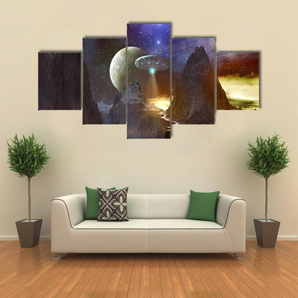 Spaceship Over Mountain Path Canvas Wall Art-5 Star-Gallery Wrap-62" x 32"-Tiaracle
