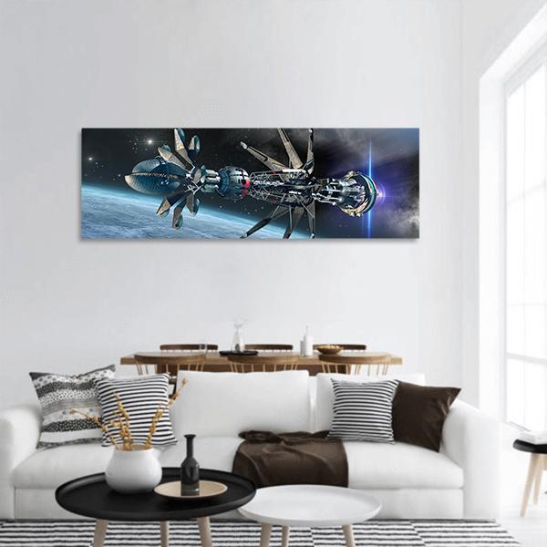 Spaceship Travel In Space Panoramic Canvas Wall Art-3 Piece-25" x 08"-Tiaracle