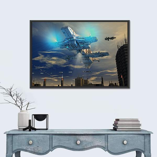 Spaceship UFO And City Canvas Wall Art-1 Piece-Floating Frame-24" x 16"-Tiaracle