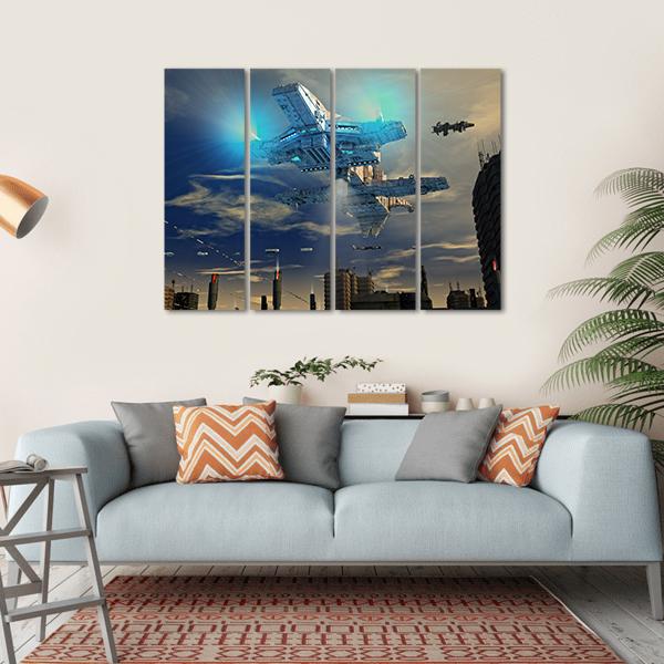 Spaceship UFO And City Canvas Wall Art-4 Horizontal-Gallery Wrap-34" x 24"-Tiaracle