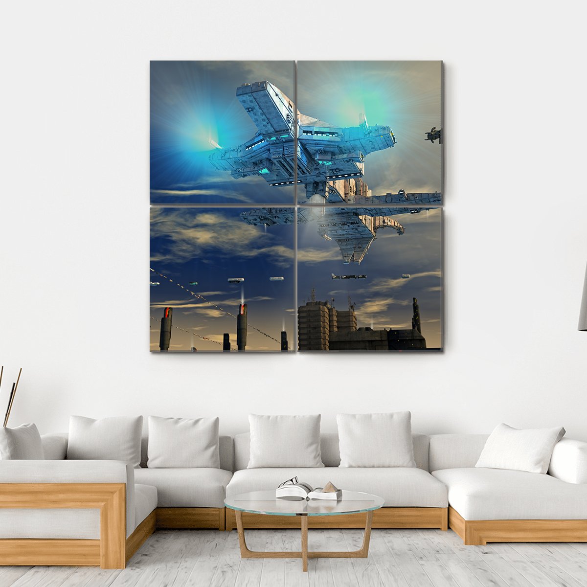 Spaceship UFO And City Canvas Wall Art-4 Square-Gallery Wrap-17" x 17"-Tiaracle
