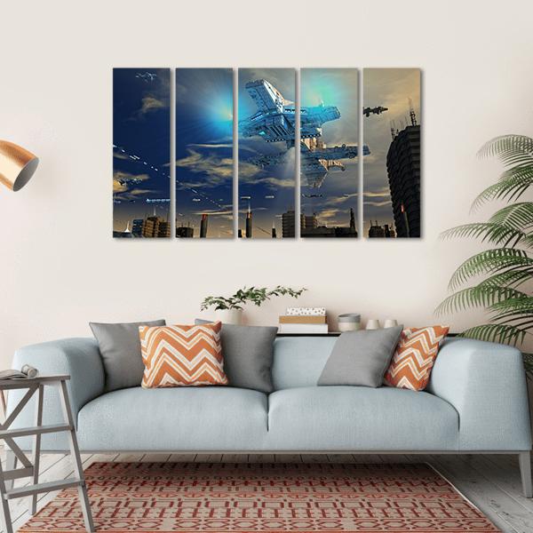 Spaceship UFO And City Canvas Wall Art-5 Horizontal-Gallery Wrap-22" x 12"-Tiaracle