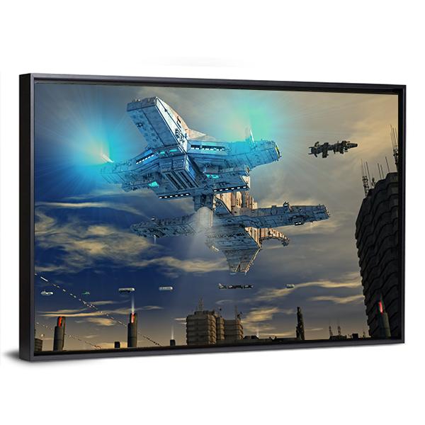 Spaceship UFO And City Canvas Wall Art-3 Horizontal-Gallery Wrap-25" x 16"-Tiaracle