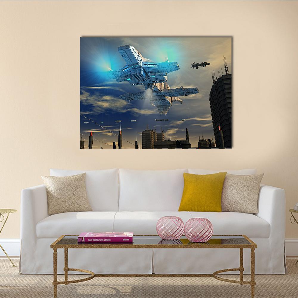 Spaceship Over Futuristic City Canvas Wall Art in gray, beige and blue, single panel hung on a wall