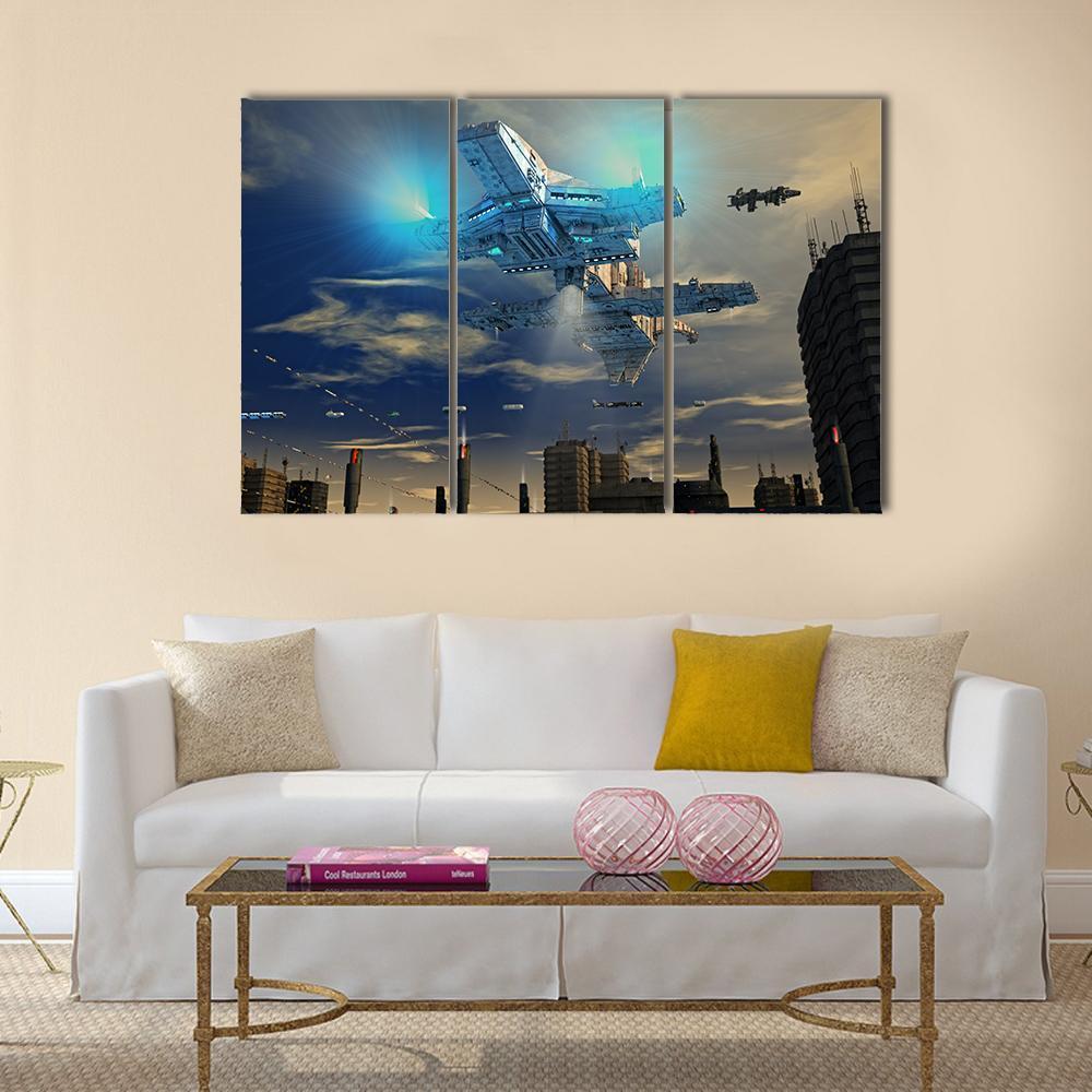 Spaceship UFO And City Canvas Wall Art-3 Horizontal-Gallery Wrap-37" x 24"-Tiaracle