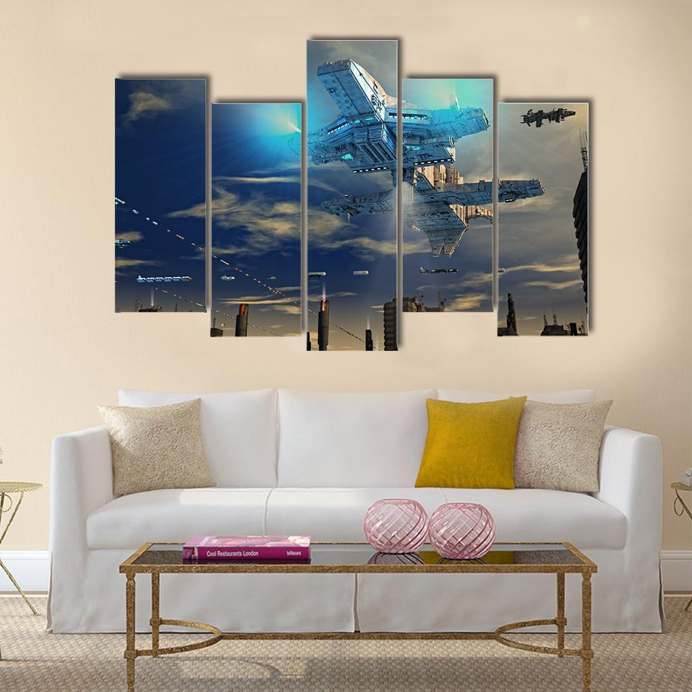 Spaceship UFO And City Canvas Wall Art-5 Pop-Gallery Wrap-47" x 32"-Tiaracle