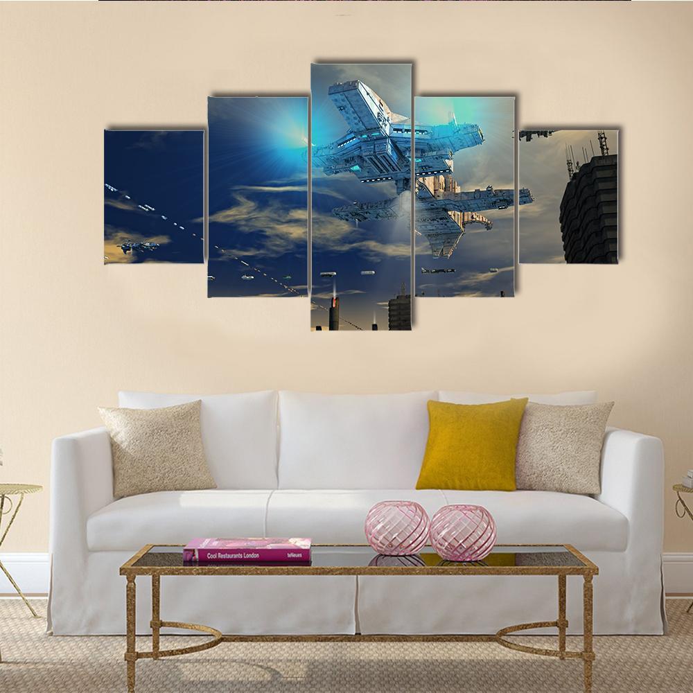 Spaceship UFO And City Canvas Wall Art-3 Horizontal-Gallery Wrap-37" x 24"-Tiaracle