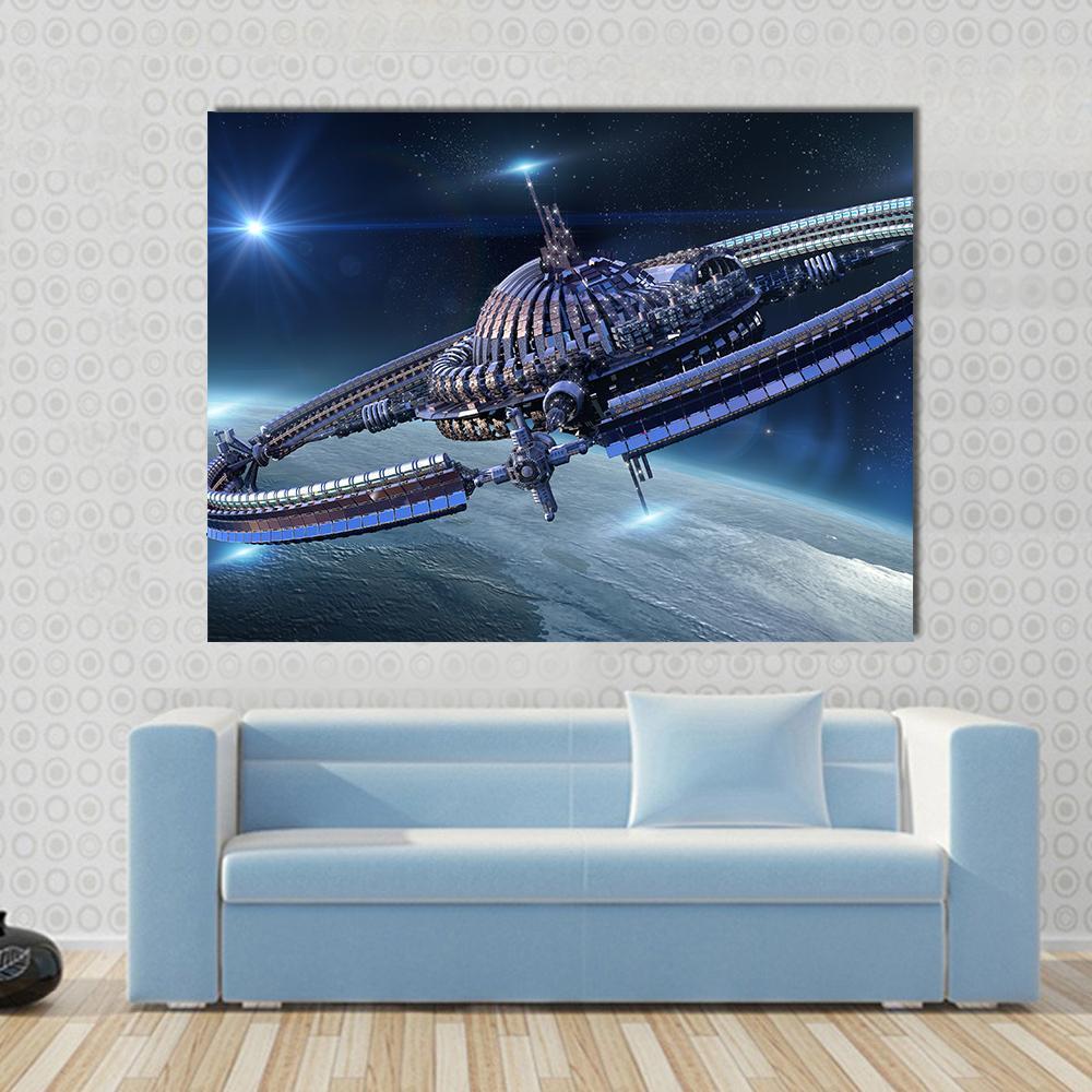 Spaceship with Dome Core and Gravitation Wheel Canvas Wall Art in black, silver and blue, single panel hung on a wall