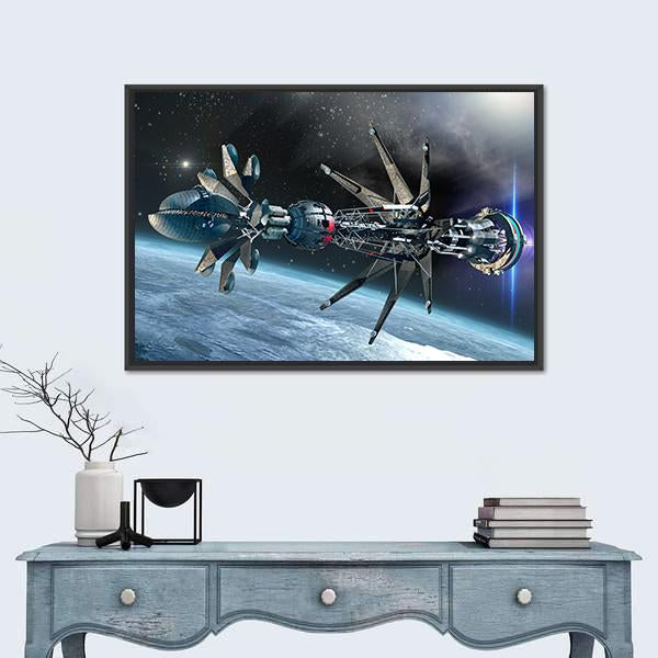 Spaceship with Warp Drive Canvas Wall Art in black, gray and blue, framed canvas, product view on a white background