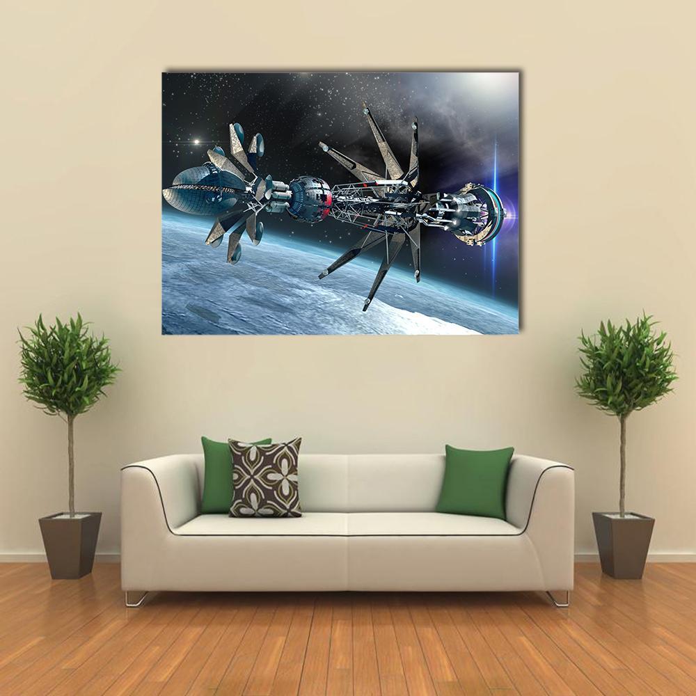 Spaceship with Warp Drive Canvas Wall Art in black, gray and blue, single panel hung on a wall