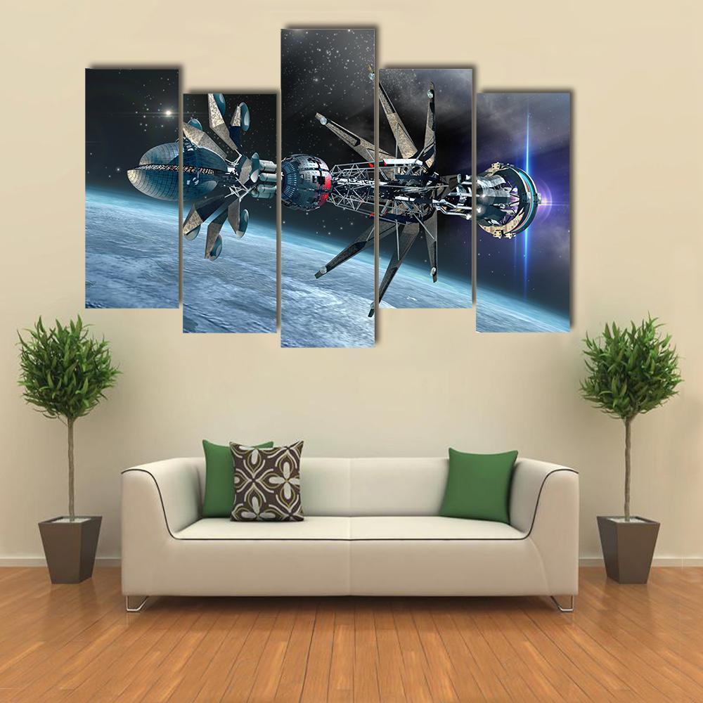 Spaceship With Warp Drive Canvas Wall Art-5 Pop-Gallery Wrap-47" x 32"-Tiaracle