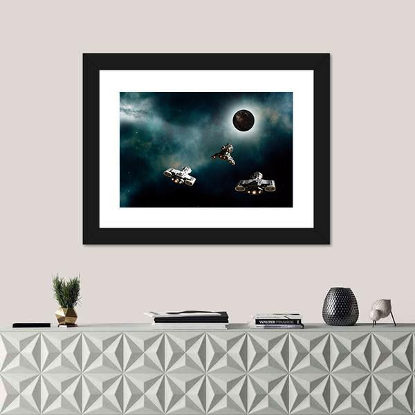 Spaceships Approaching Alien Planet Vertical Canvas Wall Art-3 Vertical-Gallery Wrap-12" x 25"-Tiaracle