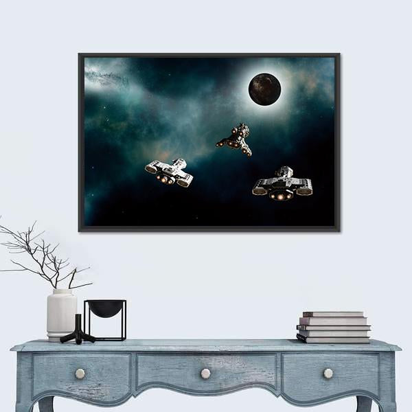 Spaceships Approaching Alien Planet Vertical Canvas Wall Art-3 Vertical-Gallery Wrap-12" x 25"-Tiaracle