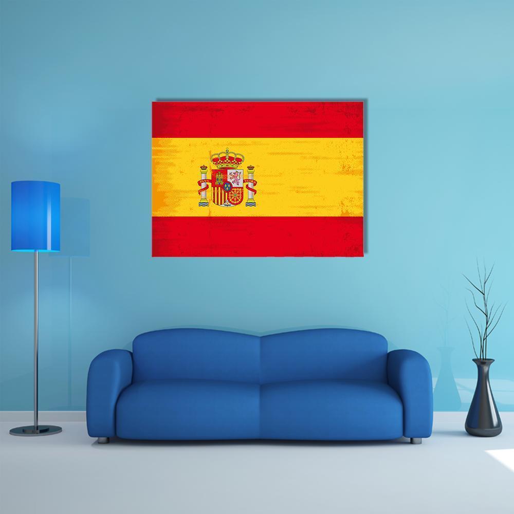 Spanish Flag with Distressed Coat of Arms Canvas Wall Art in red and yellow, single panel hung on a wall