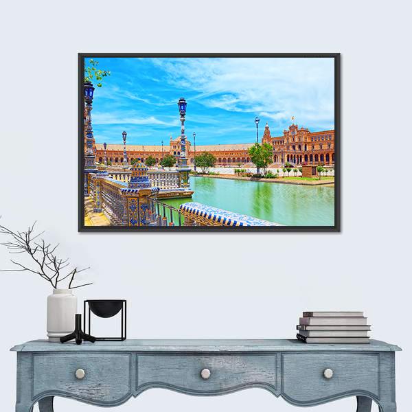 Spain Square In Seville Spain Canvas Wall Art-1 Piece-Floating Frame-24" x 16"-Tiaracle