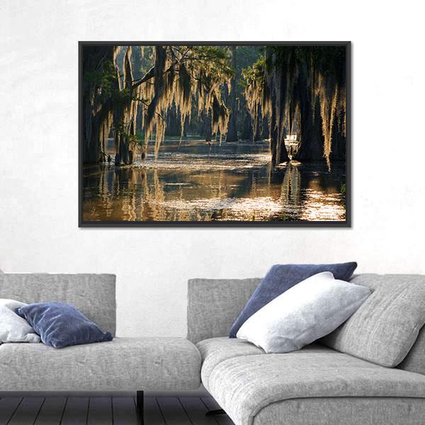 Spanish Moss In The Louisiana Bayou Canvas Wall Art-1 Piece-Floating Frame-24" x 16"-Tiaracle