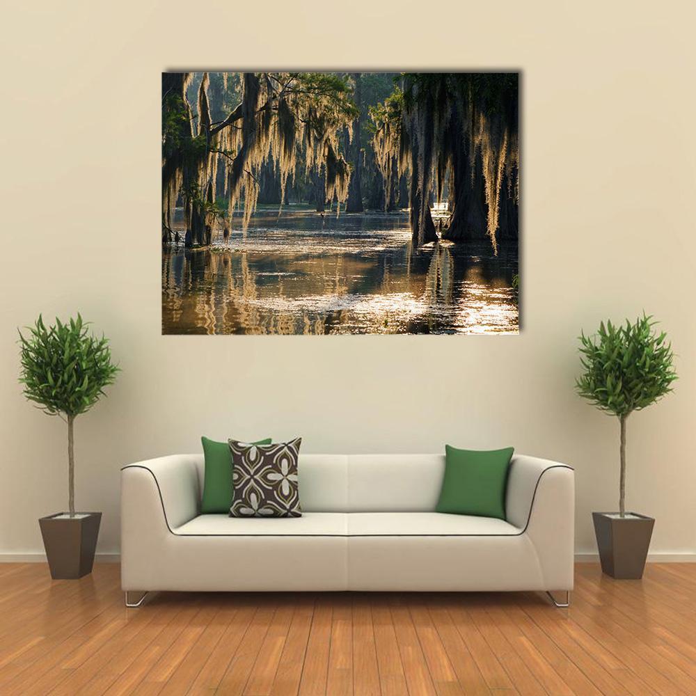 Spanish Moss in the Louisiana Bayou Canvas Wall Art in brown, gold and green, single panel hung on a wall
