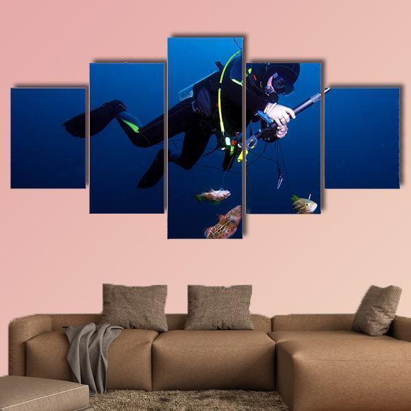 Spear Fisherman With Speargun Canvas Wall Art-5 Star-Gallery Wrap-62" x 32"-Tiaracle