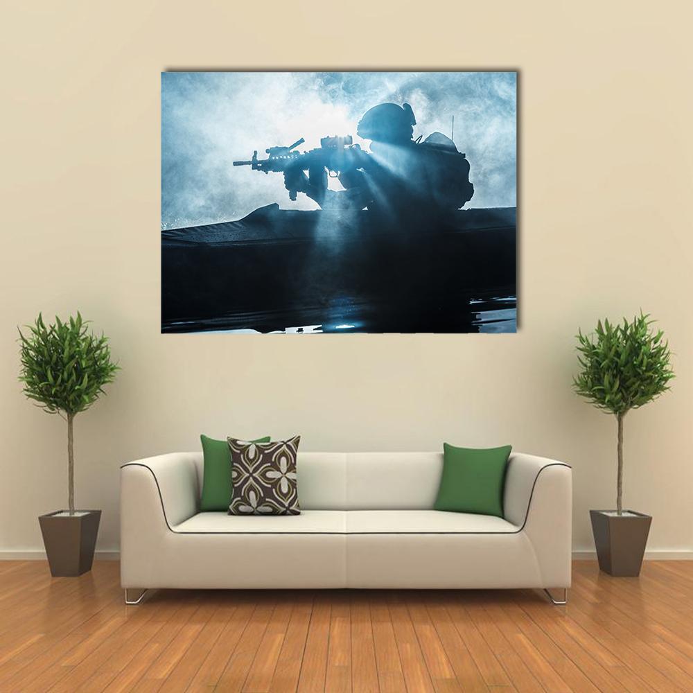 Special Forces Marine Operators Canvas Wall Art in black, white and blue, single panel hung on a wall