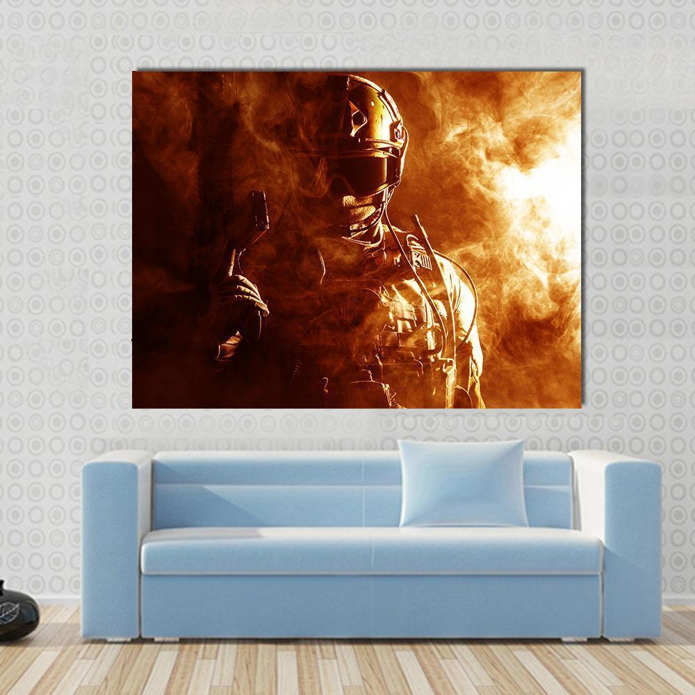 Special Forces Soldier in Smoke Canvas Wall Art in black, brown and orange, single panel hung on a wall