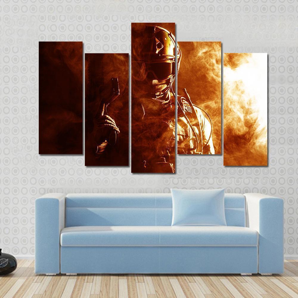 Special Forces Soldier In Smoke Canvas Wall Art-5 Pop-Gallery Wrap-47" x 32"-Tiaracle