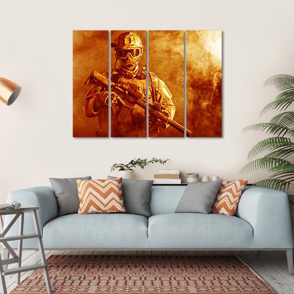 Special Forces Soldier With Rifle In Fire Canvas Wall Art-4 Horizontal-Gallery Wrap-34" x 24"-Tiaracle