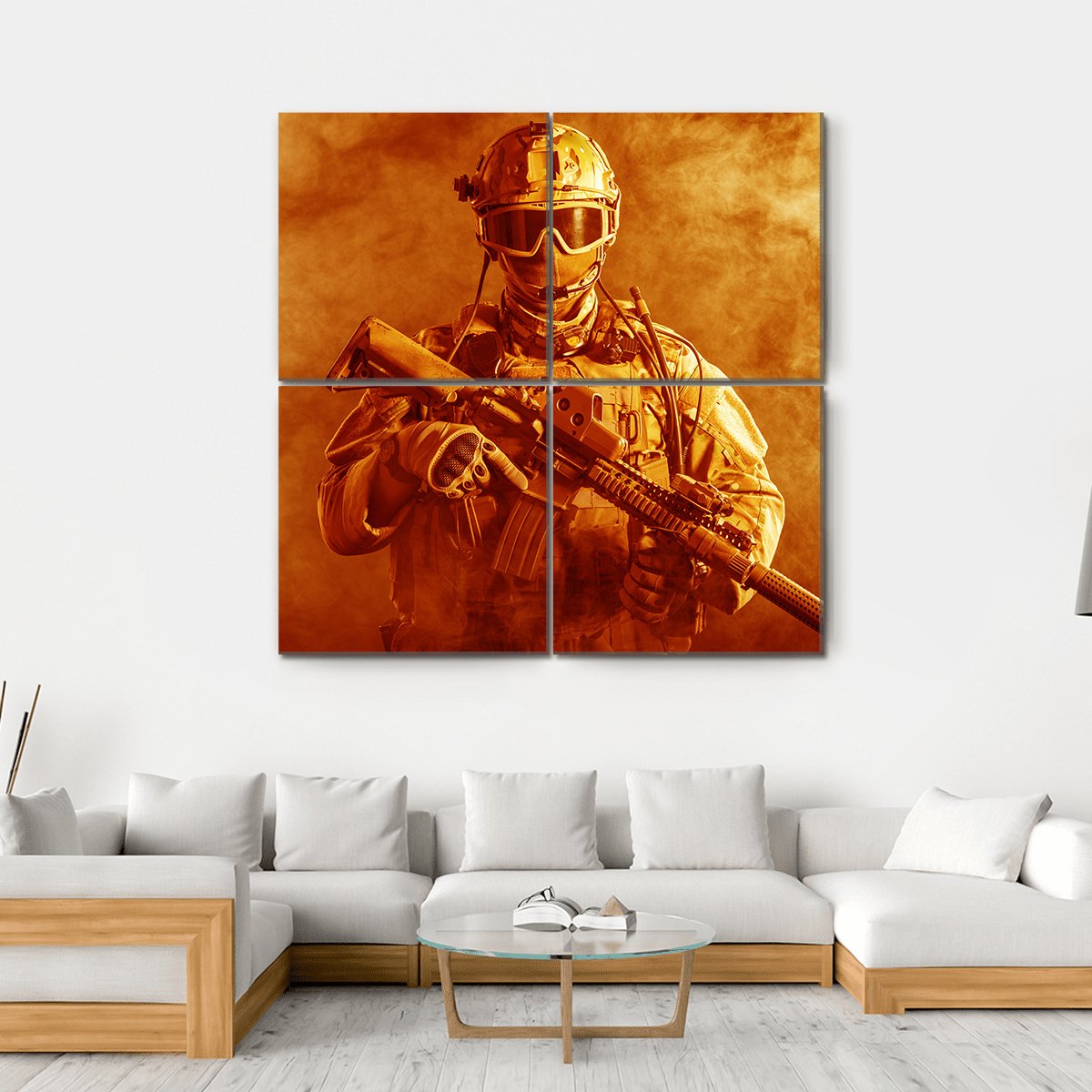 Special Forces Soldier With Rifle In Fire Canvas Wall Art-4 Square-Gallery Wrap-17" x 17"-Tiaracle
