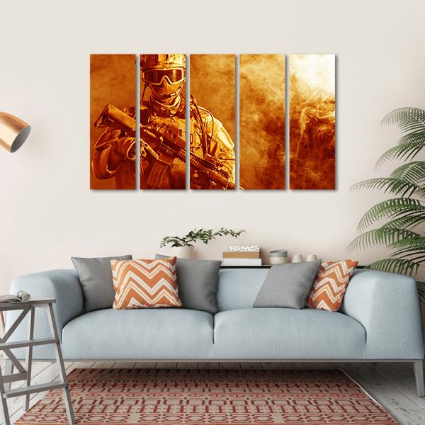 Special Forces Soldier With Rifle In Fire Canvas Wall Art-5 Horizontal-Gallery Wrap-22" x 12"-Tiaracle
