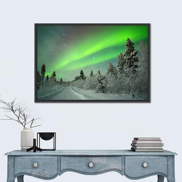 Aurora Borealis Winter Landscape Canvas Wall Art in white and green, 4 panel Pop layout hung on a wall