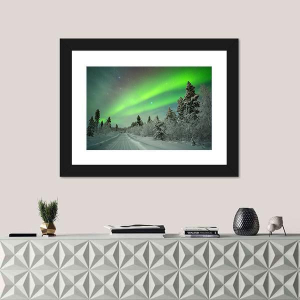 Aurora Borealis Winter Landscape Canvas Wall Art in white and green, 4 panel Pop layout hung on a wall