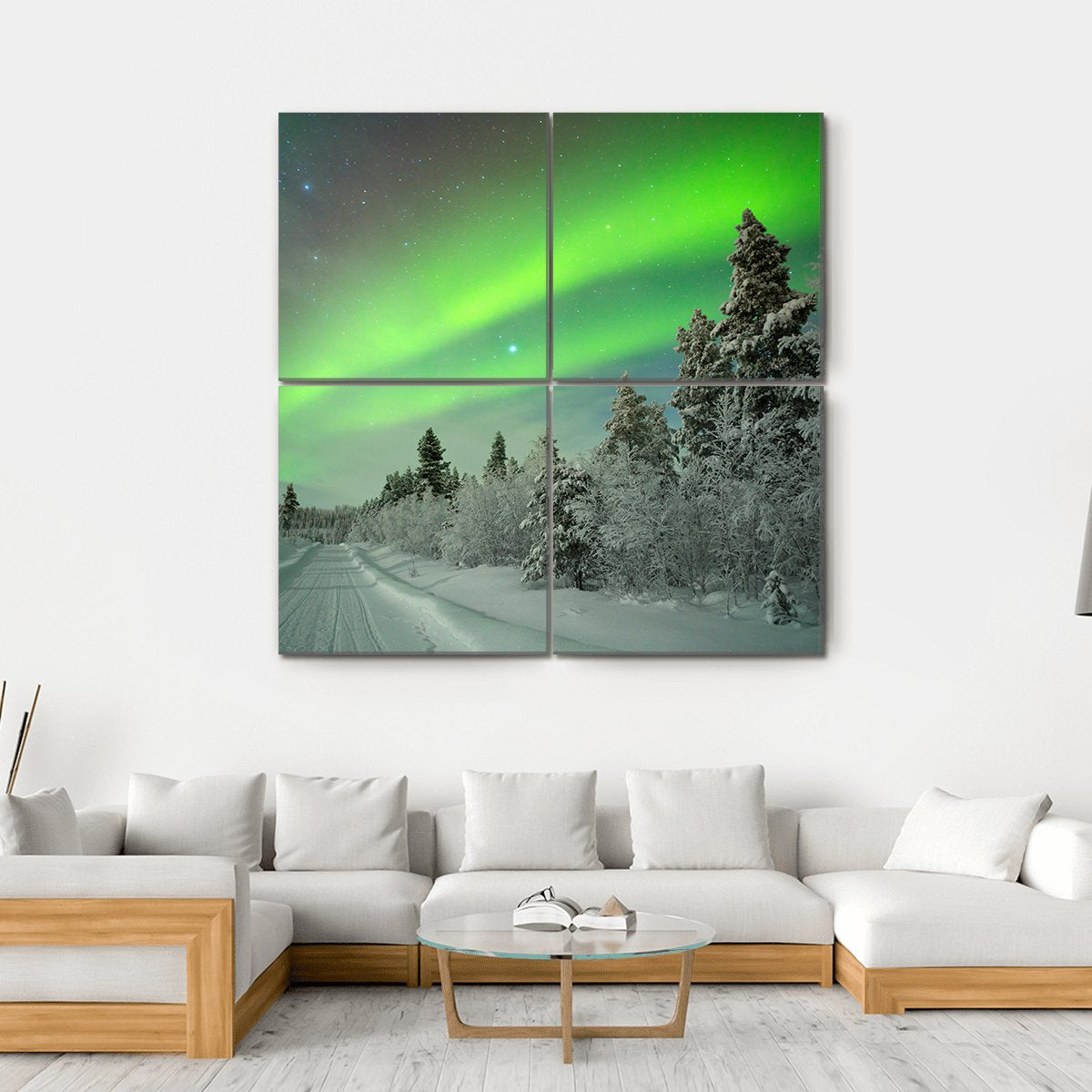 Aurora Borealis Over Snowy Road Canvas Wall Art in white, gray and green, single panel hung on a wall
