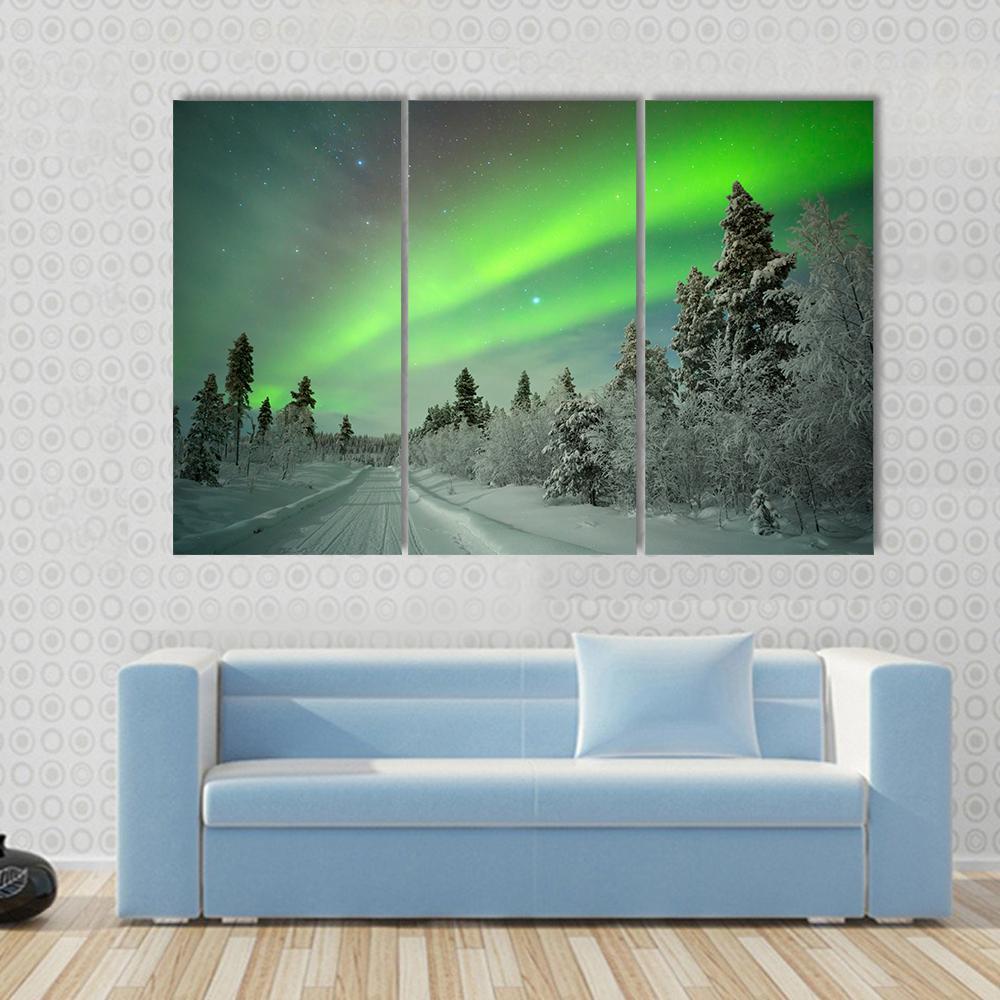 Aurora Borealis Winter Landscape Canvas Wall Art in white and green, 4 panel Pop layout hung on a wall